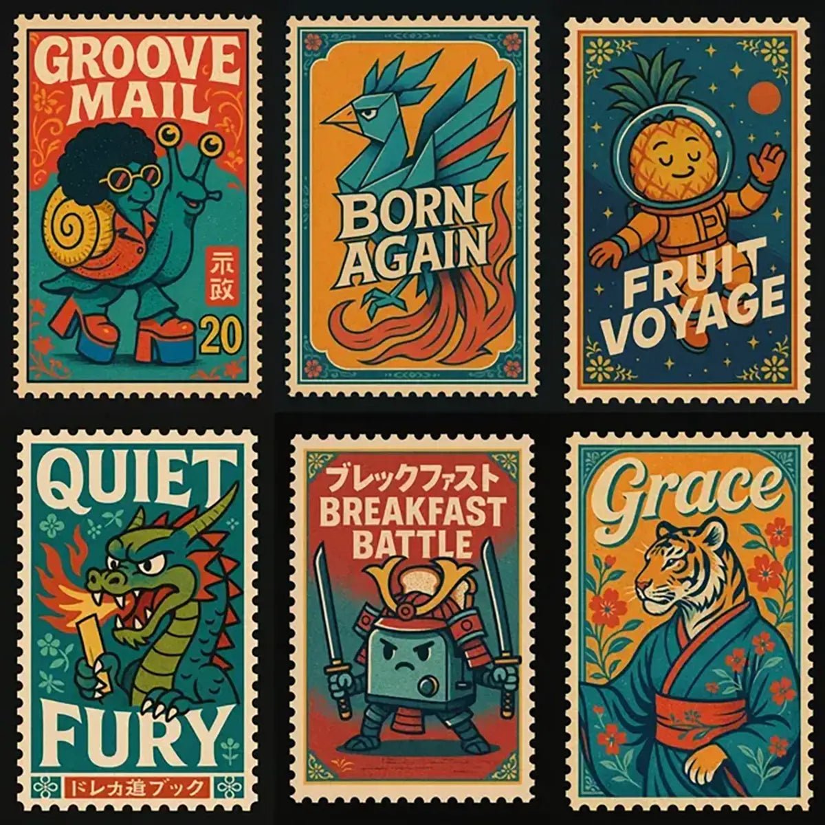 Example output from the Nostalgic Postage Stamp Art ChatGPT prompt: vintage Japanese-inspired postage stamps featuring anthropomorphic characters, textured vector linework, triadic color palettes, and collectible retro poster style.