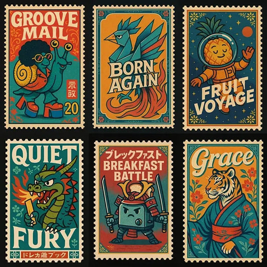 Example output from the Nostalgic Postage Stamp Art ChatGPT prompt: vintage Japanese-inspired postage stamps featuring anthropomorphic characters, textured vector linework, triadic color palettes, and collectible retro poster style.