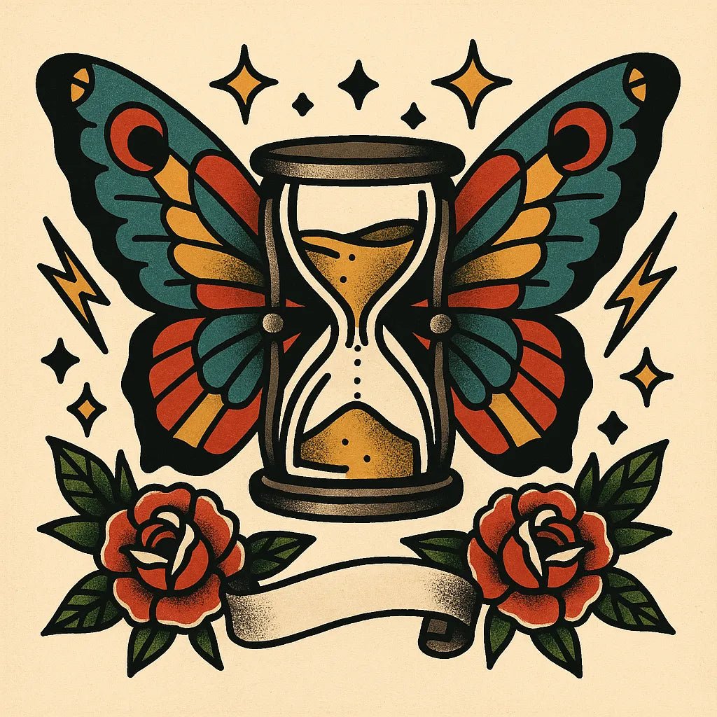 Example output from the Old School Tattoo Art ChatGPT prompt: vintage tattoo flash sheet. Clock.