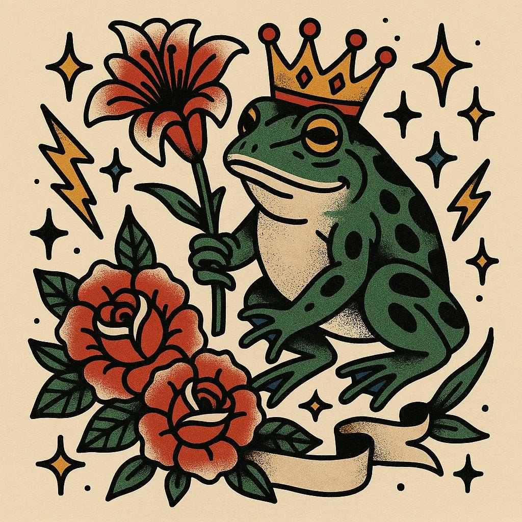 Example output from the Old School Tattoo Art ChatGPT prompt: vintage tattoo flash sheet. Frog.