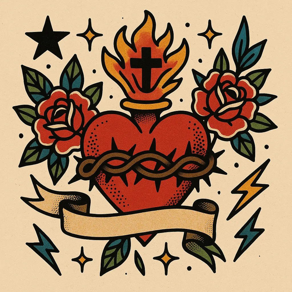 Example output from the Old School Tattoo Art ChatGPT prompt: vintage tattoo flash sheet. Heart.
