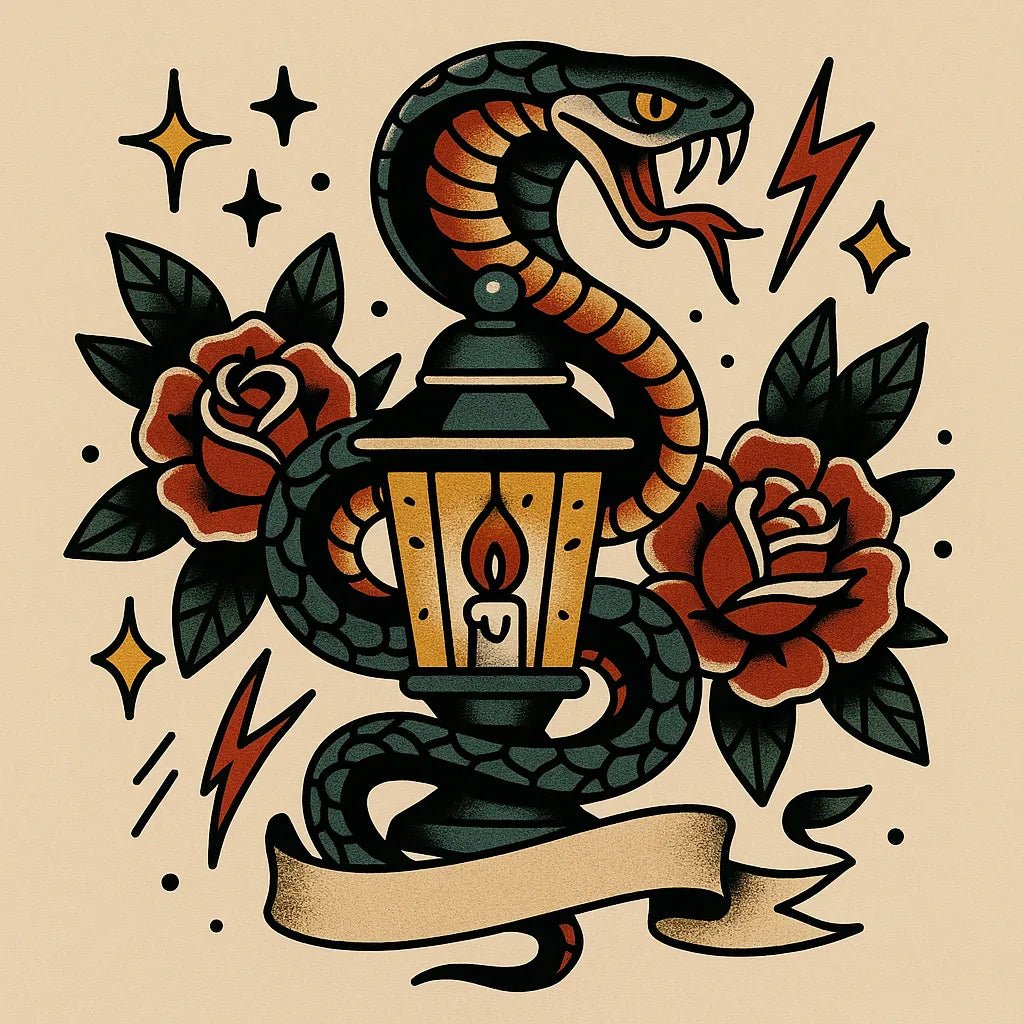Example output from the Old School Tattoo Art ChatGPT prompt: vintage tattoo flash sheet. Lamp.