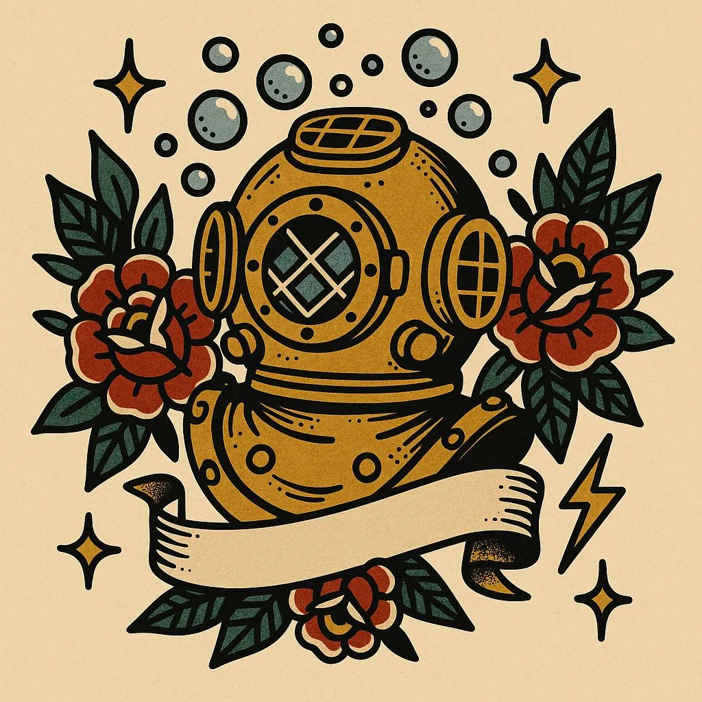 Example output from the Old School Tattoo Art ChatGPT prompt: vintage tattoo flash sheet. Ocean.