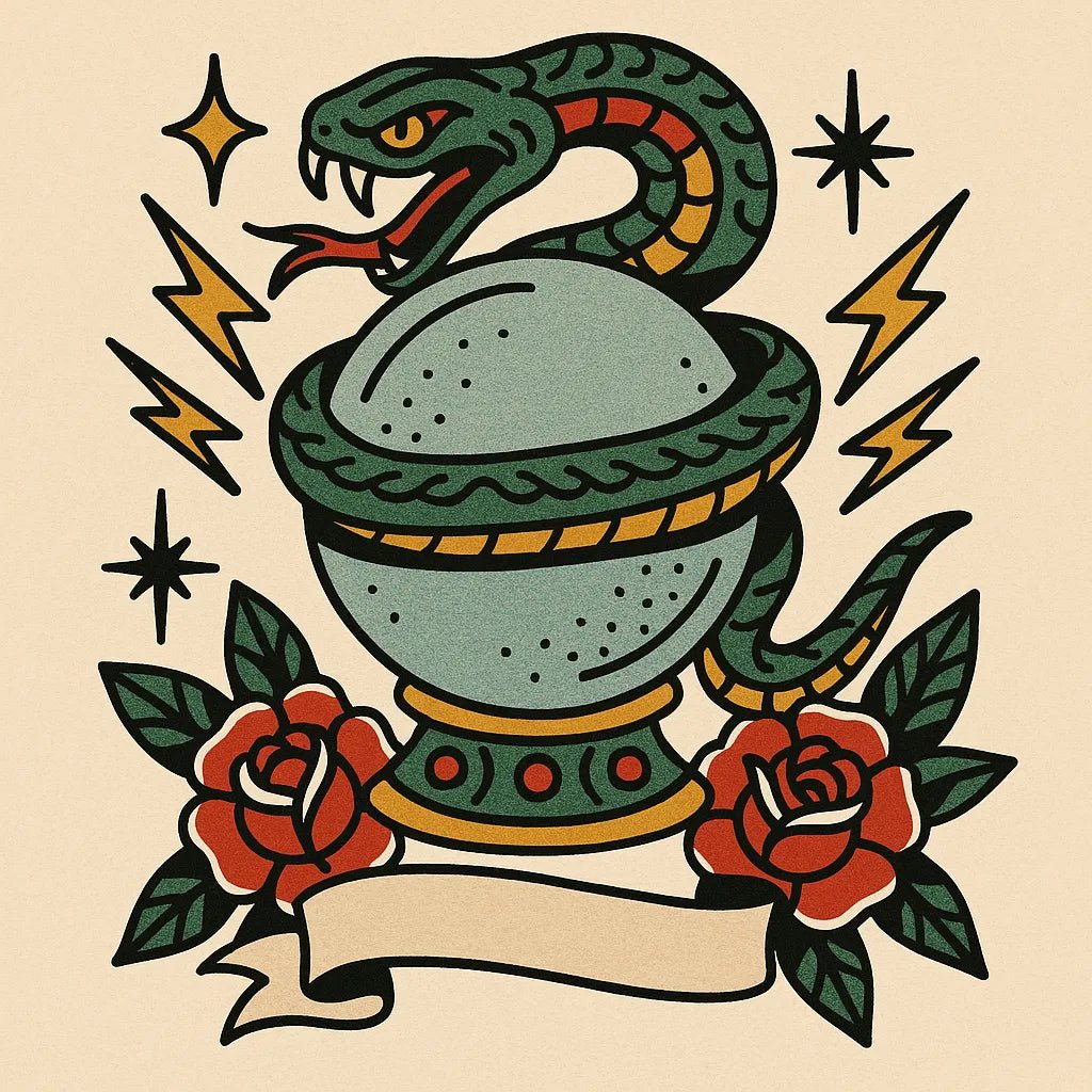 Example output from the Old School Tattoo Art ChatGPT prompt: vintage tattoo flash sheet. Snake.