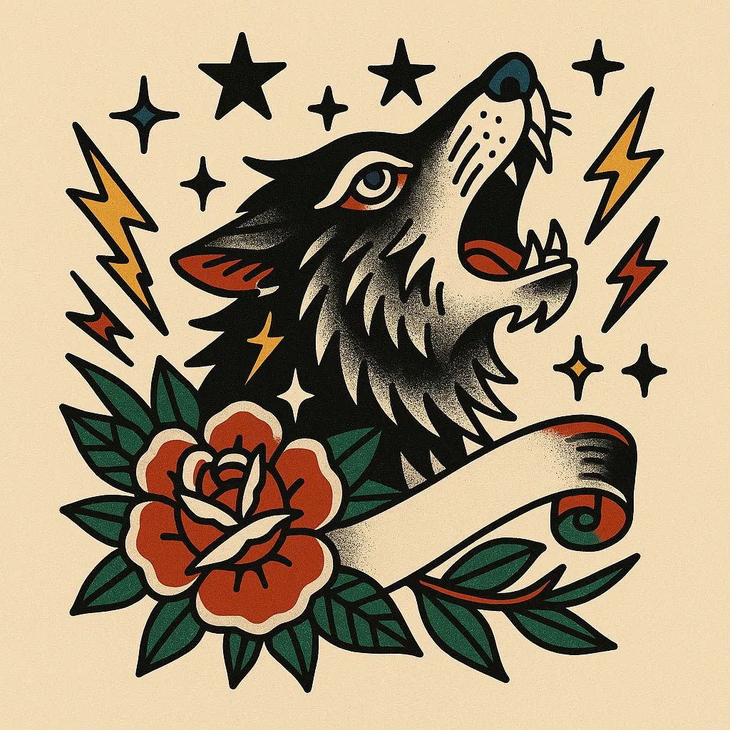 Example output from the Old School Tattoo Art ChatGPT prompt: vintage tattoo flash sheet. Wolf.