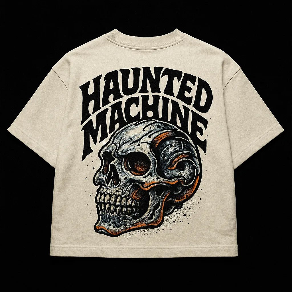 Example output from the Oversized Streetwear T Shirts Back Art ChatGPT prompt: bold graphic T-shirt mockups with screenprint-style back quotes, flat-lay perspective, and expressive pop-style illustrations on cotton fabric. Haunted Machine.