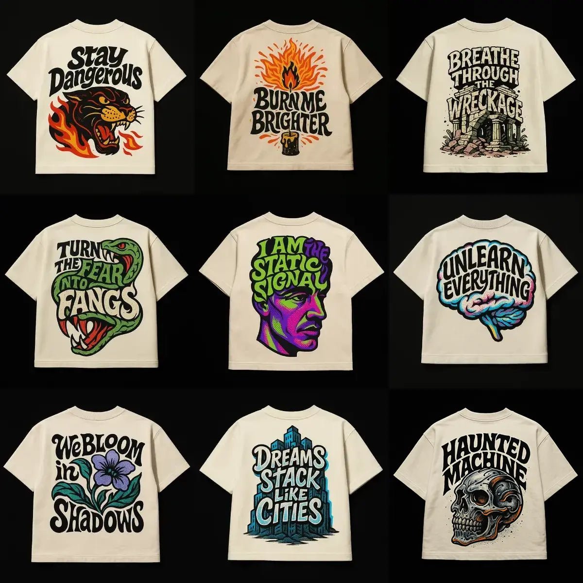 Example output from the Oversized Streetwear T Shirts Back Art ChatGPT prompt: bold graphic T-shirt mockups with screenprint-style back quotes, flat-lay perspective, and expressive pop-style illustrations on cotton fabric.