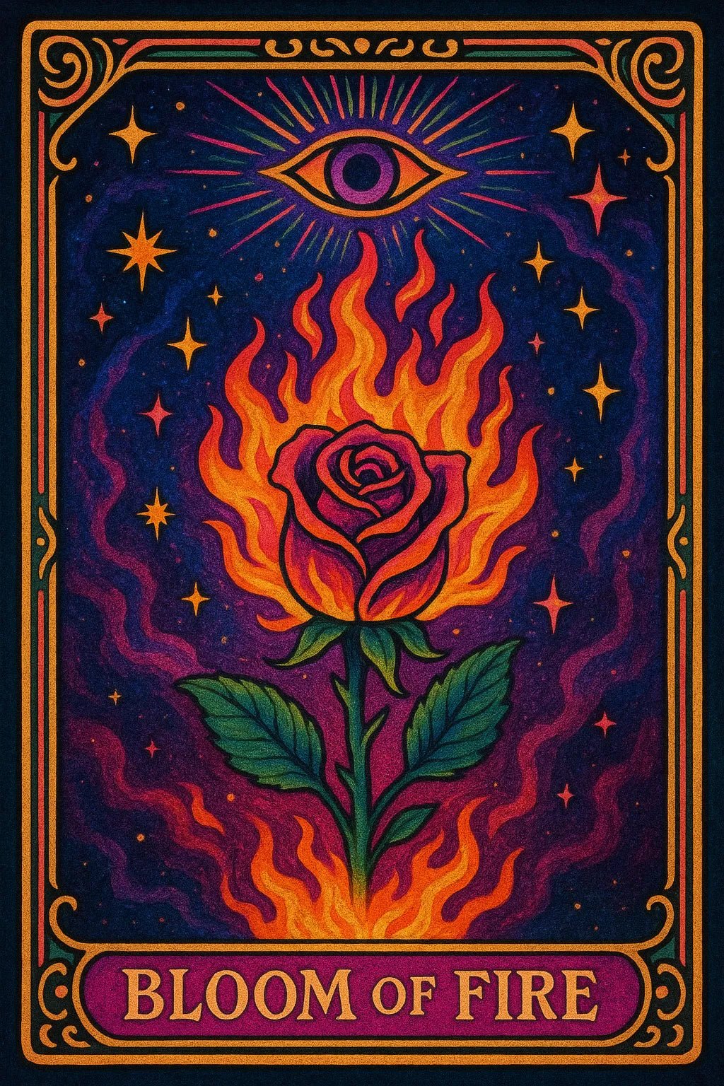 Example output of six personalized dreamlike tarot cards generated by a ChatGPT prompt template. Bloom of Fire.