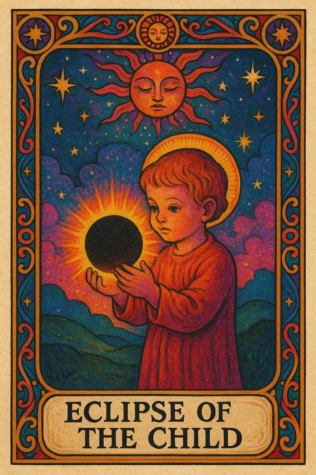 Example output of six personalized dreamlike tarot cards generated by a ChatGPT prompt template. Eclipse of the Child.