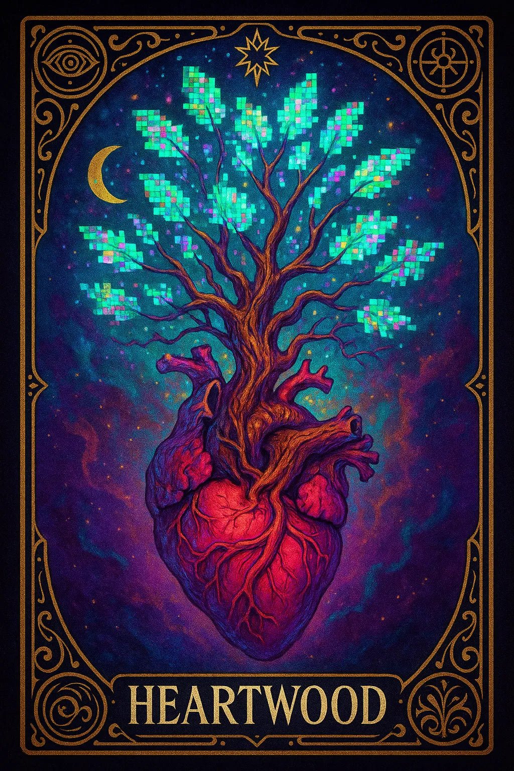 Example output of six personalized dreamlike tarot cards generated by a ChatGPT prompt template. Heatwood.