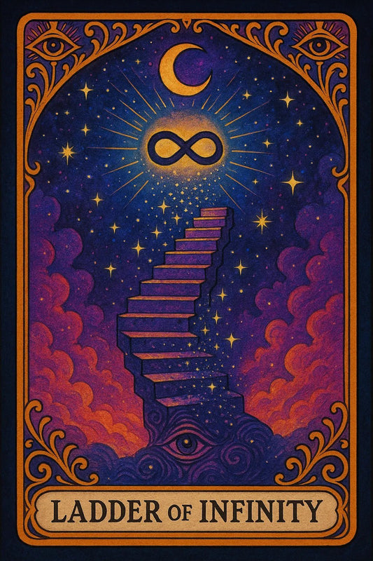 Example output of six personalized dreamlike tarot cards generated by a ChatGPT prompt template. Ladder of Infinity.