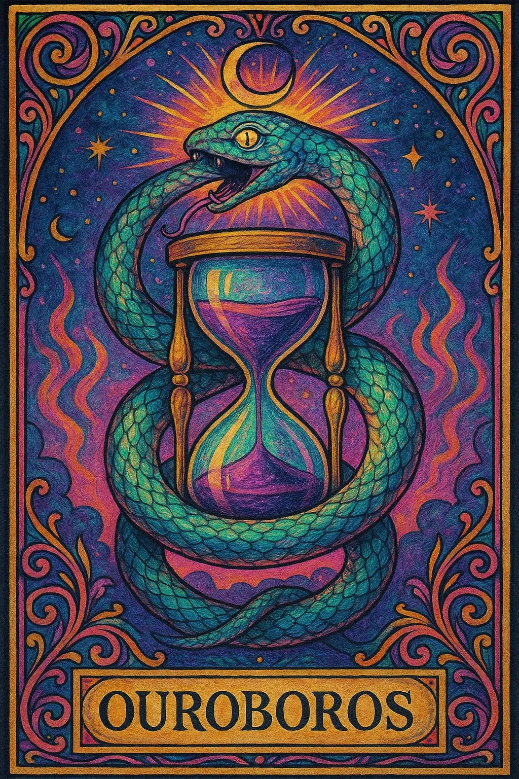 Example output of six personalized dreamlike tarot cards generated by a ChatGPT prompt template. Ouroboros.