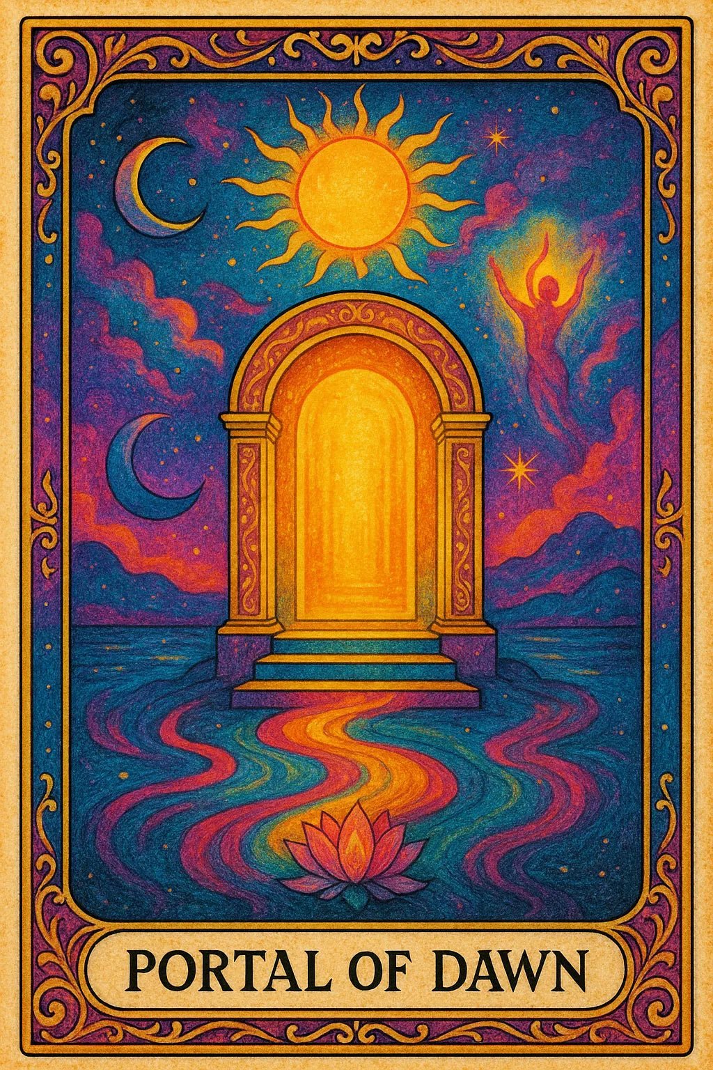 Example output of six personalized dreamlike tarot cards generated by a ChatGPT prompt template. Portal of Dawn.