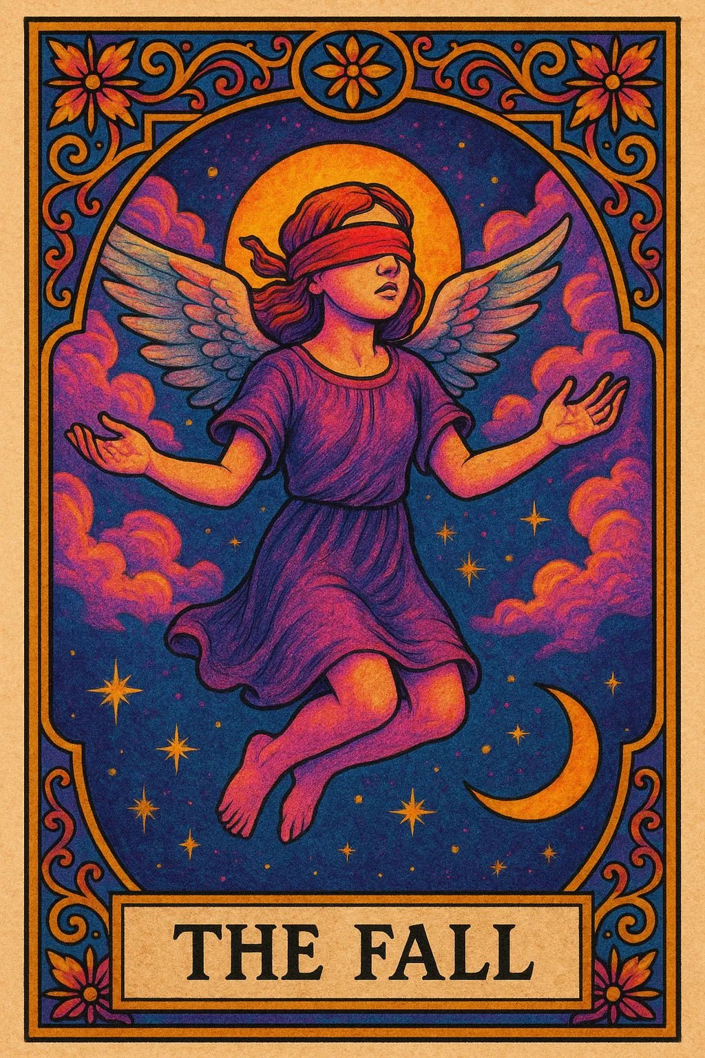 Example output of six personalized dreamlike tarot cards generated by a ChatGPT prompt template. The Fall.