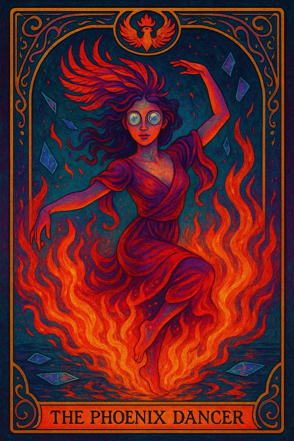 Example output of six personalized dreamlike tarot cards generated by a ChatGPT prompt template. The Phoenix Dancer.