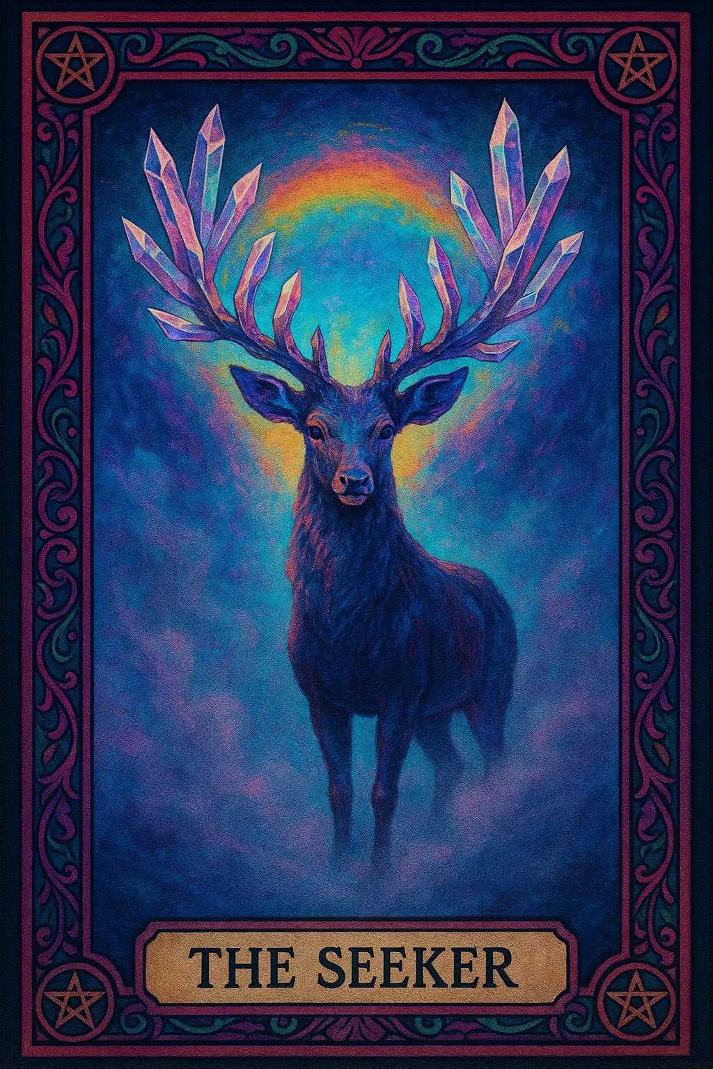 Example output of six personalized dreamlike tarot cards generated by a ChatGPT prompt template. The Seeker.