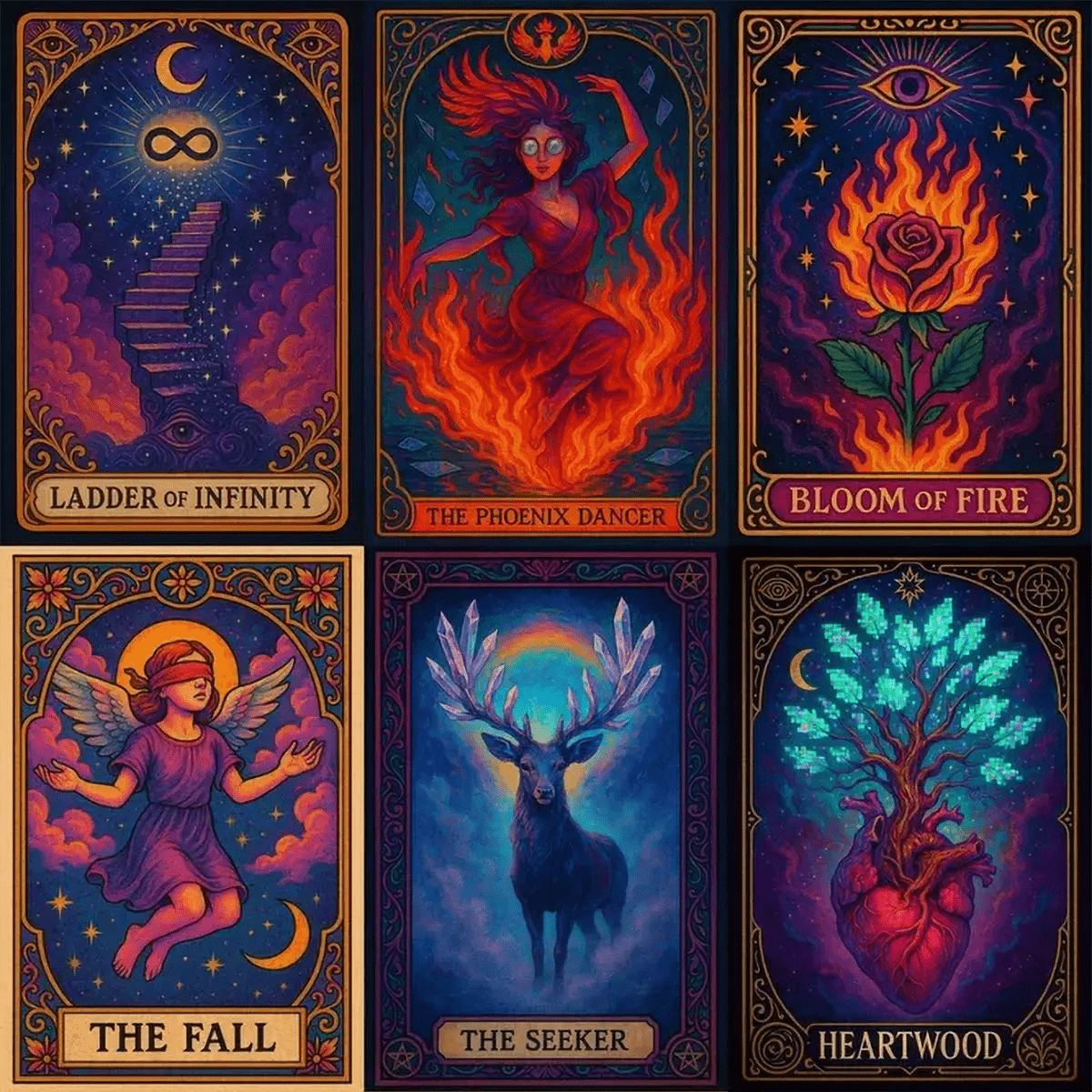 Example output of six personalized dreamlike tarot cards generated by a ChatGPT prompt template, showcasing surreal mystical imagery, vibrant colors, ornate borders, and customizable symbolism and titles in a vertical layout.