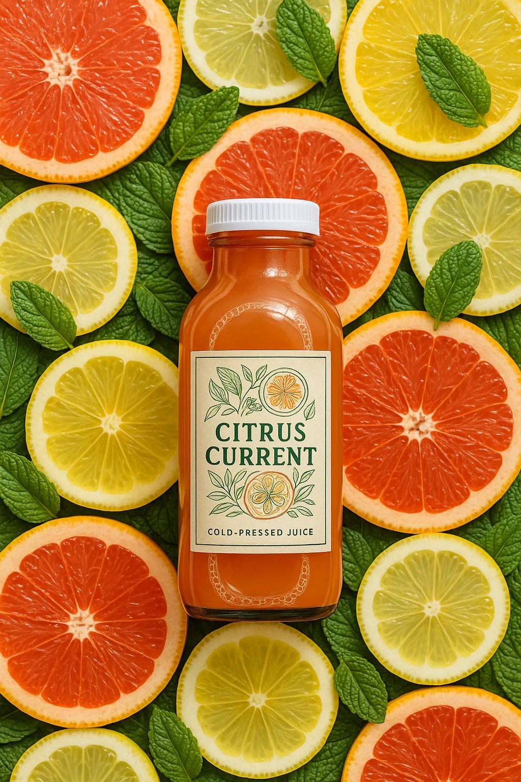 Example output from the Photoreal Flatlay Product Ad Mockups ChatGPT prompt: colorful juice and soda bottles surrounded by sliced fruits, featuring crisp DSLR realism, overhead lighting, and vibrant flat-lay compositions. Citrus Current.