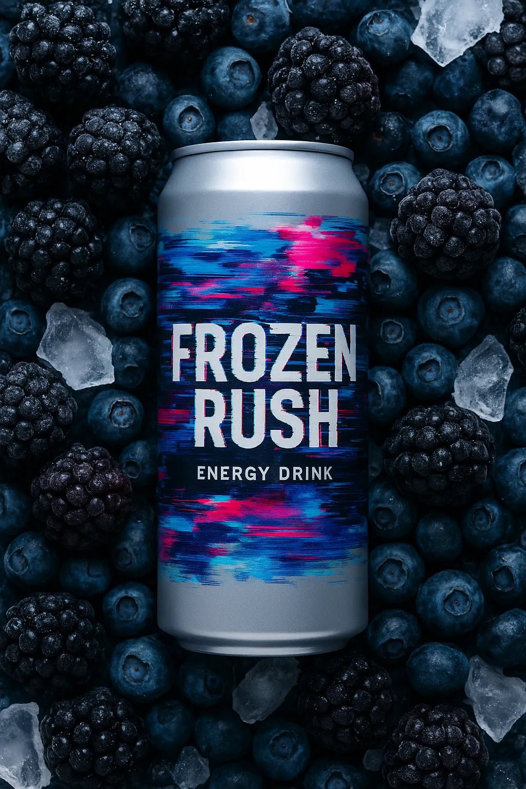 Example output from the Photoreal Flatlay Product Ad Mockups ChatGPT prompt: colorful juice and soda bottles surrounded by sliced fruits, featuring crisp DSLR realism, overhead lighting, and vibrant flat-lay compositions. Frozen Rush.