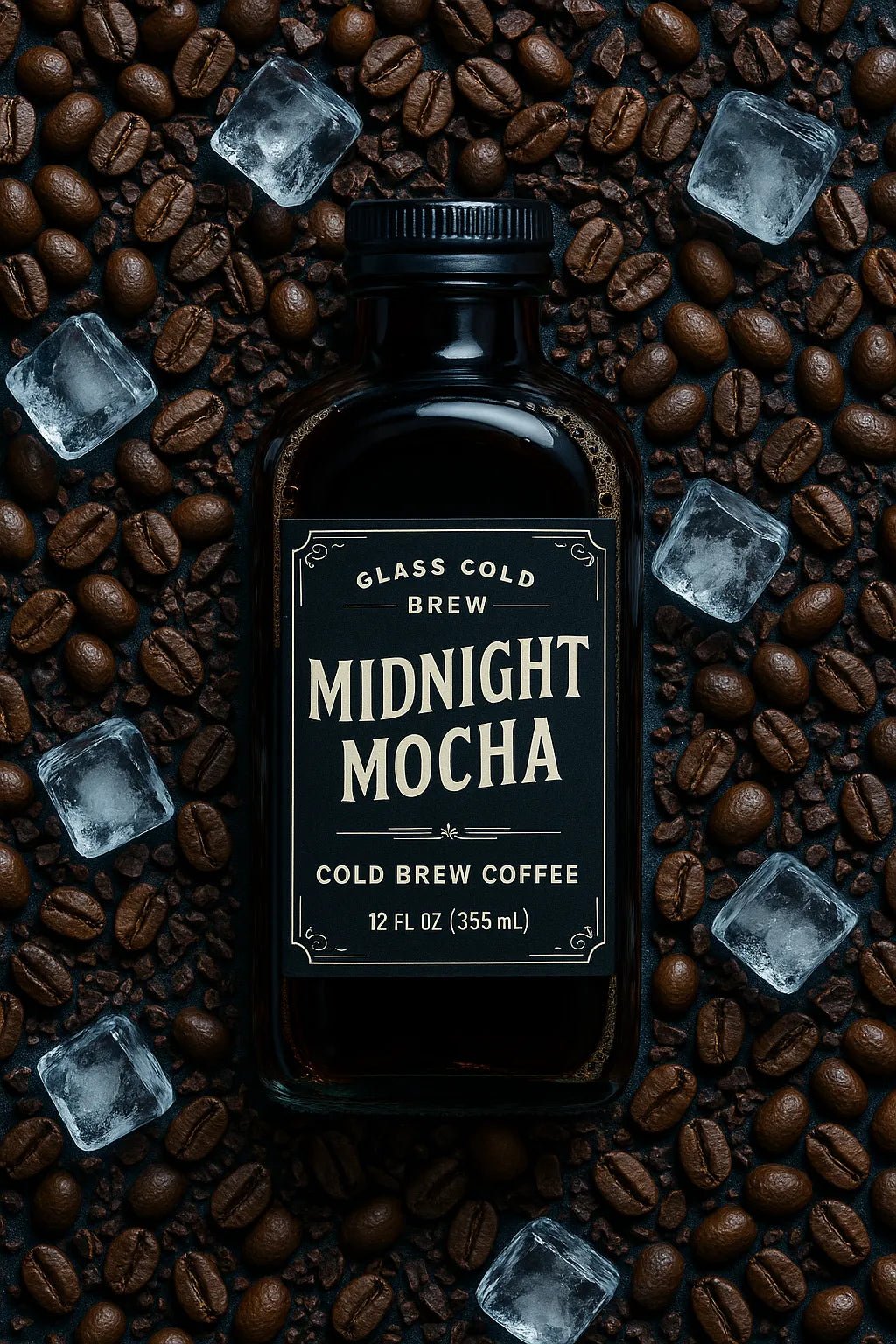 Example output from the Photoreal Flatlay Product Ad Mockups ChatGPT prompt: colorful juice and soda bottles surrounded by sliced fruits, featuring crisp DSLR realism, overhead lighting, and vibrant flat-lay compositions. Midnight Mocha.