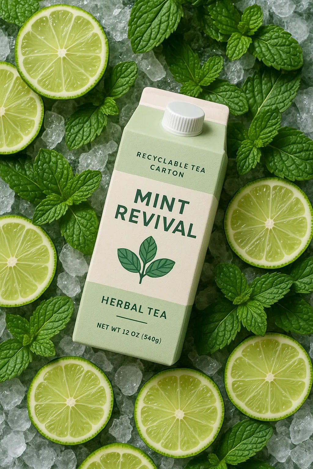 Example output from the Photoreal Flatlay Product Ad Mockups ChatGPT prompt: colorful juice and soda bottles surrounded by sliced fruits, featuring crisp DSLR realism, overhead lighting, and vibrant flat-lay compositions. Mint Revival.