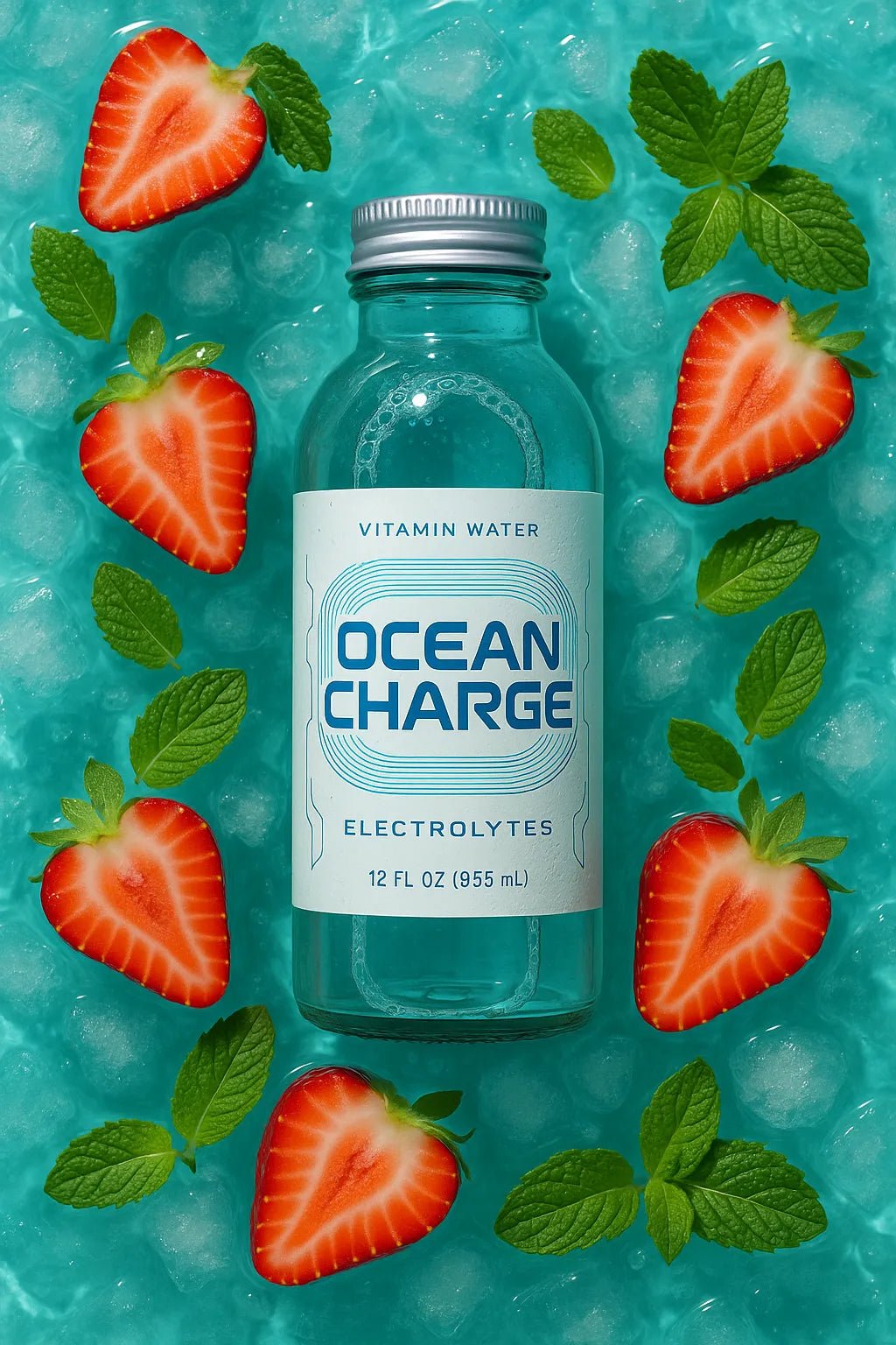 Example output from the Photoreal Flatlay Product Ad Mockups ChatGPT prompt: colorful juice and soda bottles surrounded by sliced fruits, featuring crisp DSLR realism, overhead lighting, and vibrant flat-lay compositions. Ocean Charge.
