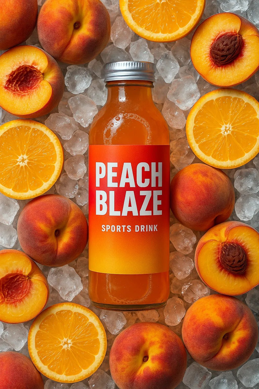 Example output from the Photoreal Flatlay Product Ad Mockups ChatGPT prompt: colorful juice and soda bottles surrounded by sliced fruits, featuring crisp DSLR realism, overhead lighting, and vibrant flat-lay compositions. Peach Blaze.