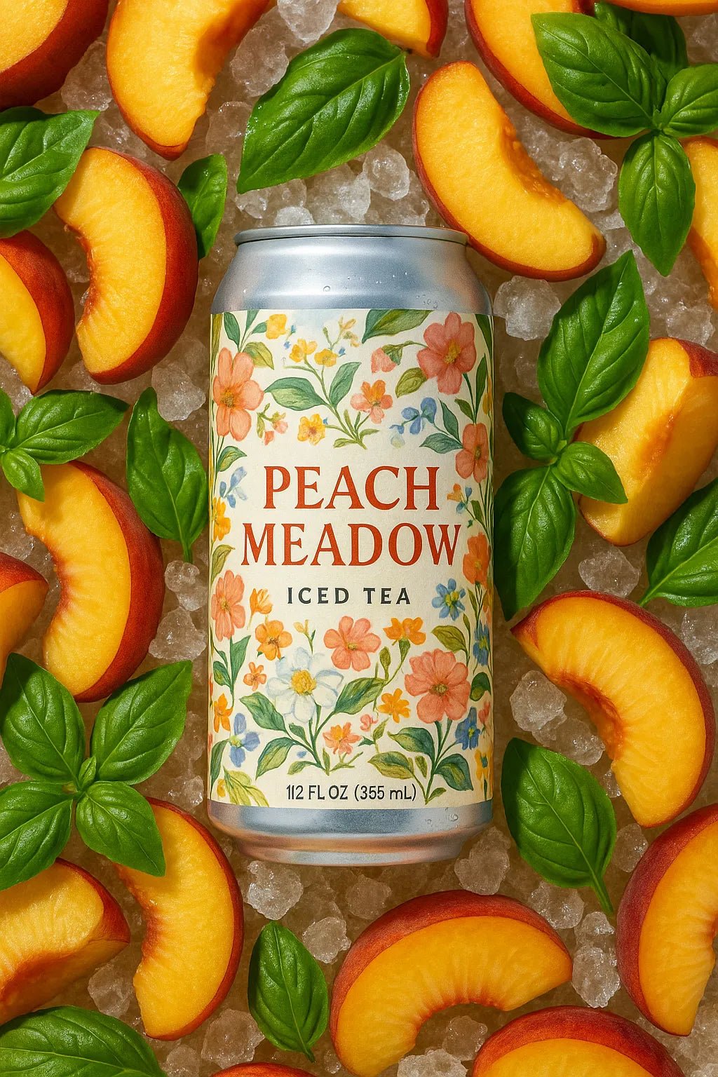 Example output from the Photoreal Flatlay Product Ad Mockups ChatGPT prompt: colorful juice and soda bottles surrounded by sliced fruits, featuring crisp DSLR realism, overhead lighting, and vibrant flat-lay compositions. Peach Meadow.