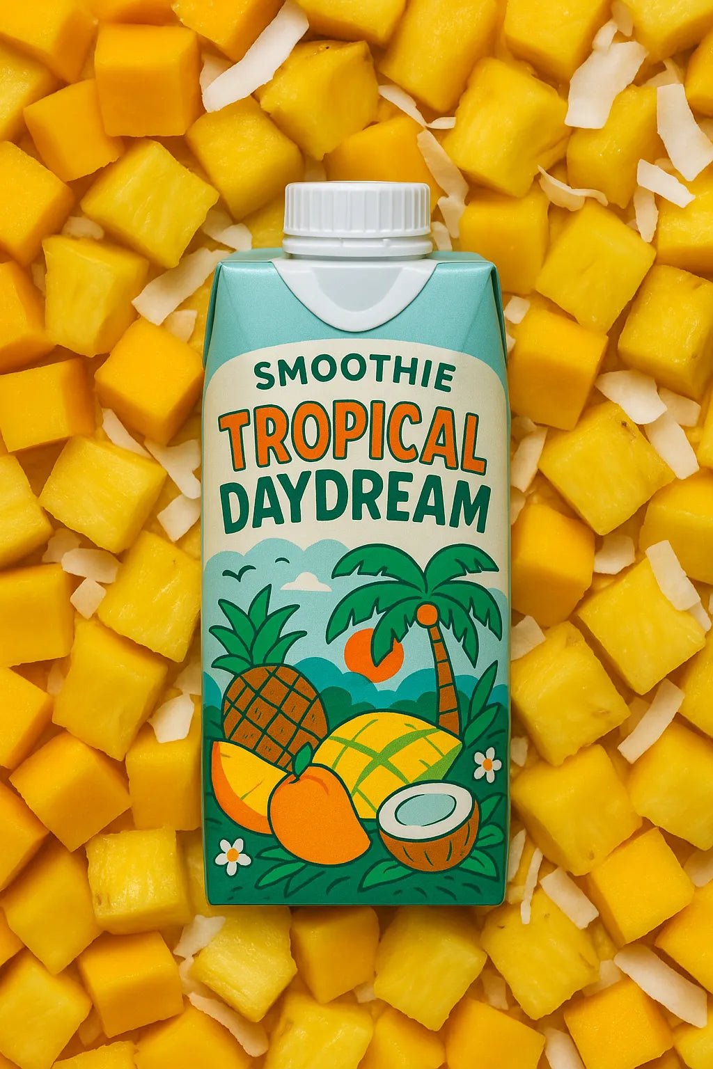 Example output from the Photoreal Flatlay Product Ad Mockups ChatGPT prompt: colorful juice and soda bottles surrounded by sliced fruits, featuring crisp DSLR realism, overhead lighting, and vibrant flat-lay compositions. Tropical Daydream.