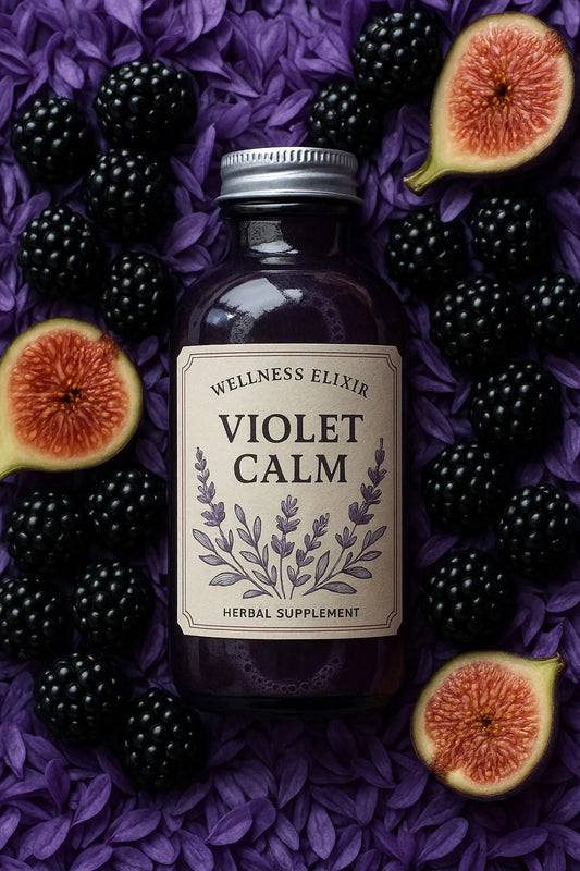 Example output from the Photoreal Flatlay Product Ad Mockups ChatGPT prompt: colorful juice and soda bottles surrounded by sliced fruits, featuring crisp DSLR realism, overhead lighting, and vibrant flat-lay compositions. Violet Calm.