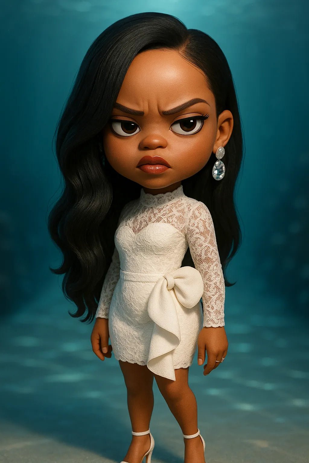 Example output from the Photos to 3D Cartoon Portraits ChatGPT prompt: full-body caricature avatars with big eyes and exaggerated features, featuring realistic textures, vivid lighting, and character-specific expressions. Preview 3.