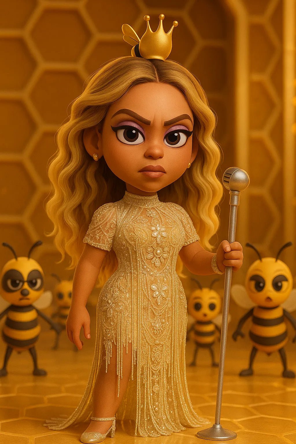 Example output from the Photos to 3D Cartoon Portraits ChatGPT prompt: full-body caricature avatars with big eyes and exaggerated features, featuring realistic textures, vivid lighting, and character-specific expressions. Preview 5.