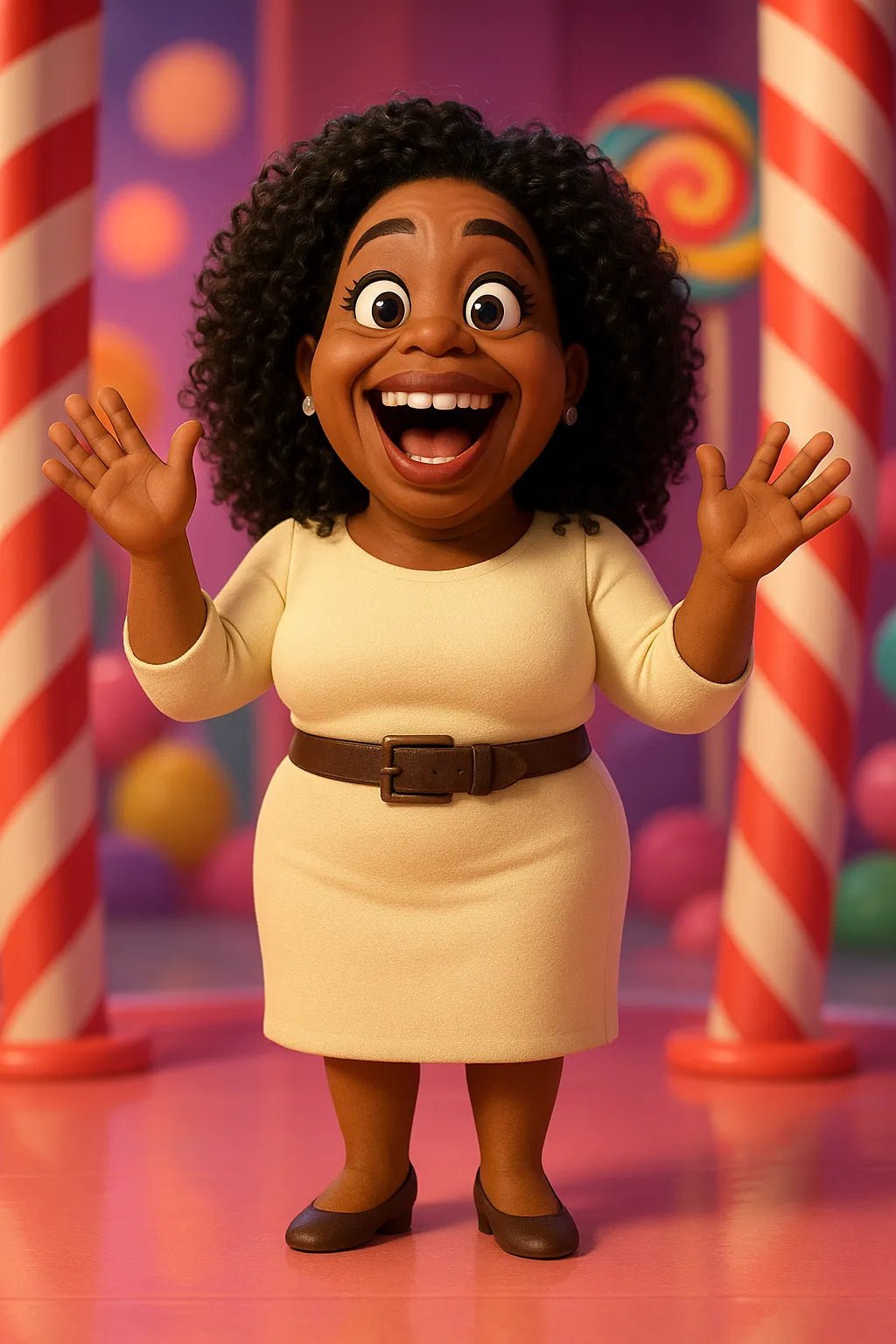 Example output from the Photos to 3D Cartoon Portraits ChatGPT prompt: full-body caricature avatars with big eyes and exaggerated features, featuring realistic textures, vivid lighting, and character-specific expressions. Preview 8.