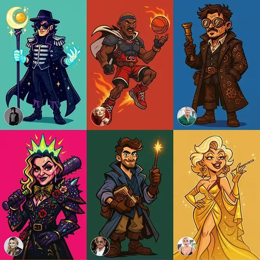 Example output from the Photo To Cartoon Game Characters ChatGPT prompt: vibrant stylized character illustrations reimagining real people with cartoon flair, bold outlines, expressive poses, and detailed outfits.