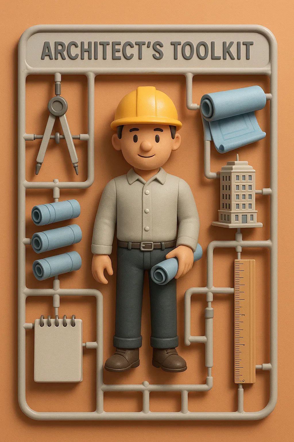Example output from the Playful 3D Plastic Sprues ChatGPT prompt: boxed model kits of stylized character. Architects Toolkit.