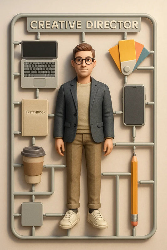 Example output from the Playful 3D Plastic Sprues ChatGPT prompt: boxed model kits of stylized character. Creative Director.