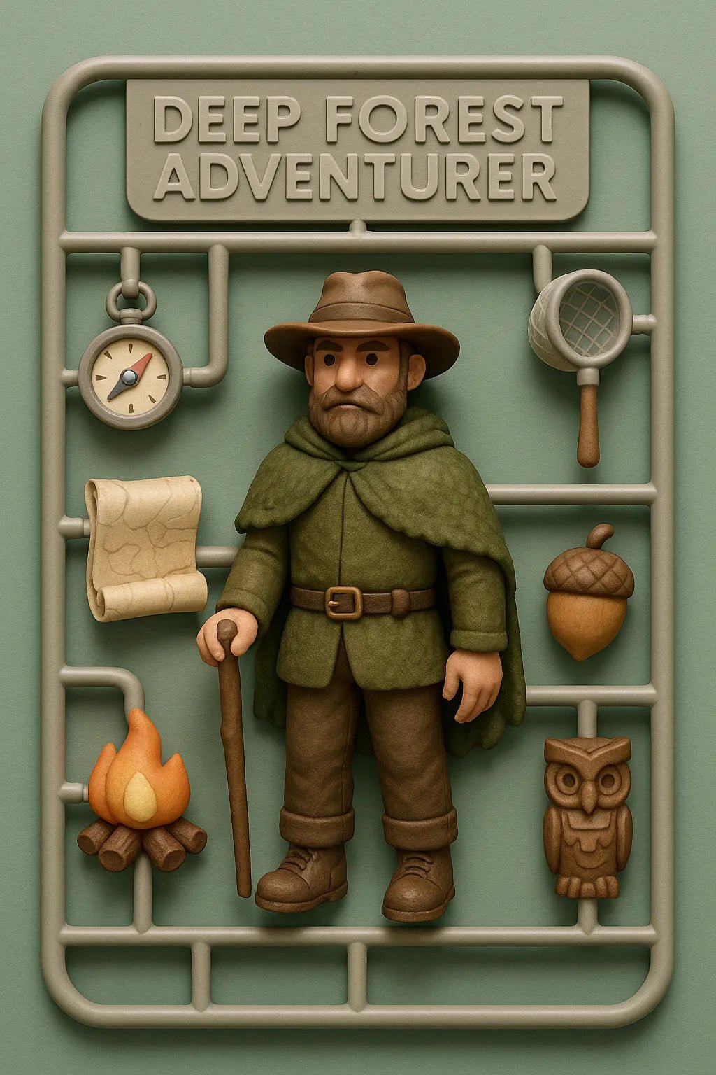 Example output from the Playful 3D Plastic Sprues ChatGPT prompt: boxed model kits of stylized character. Deep Forest Adventurer.