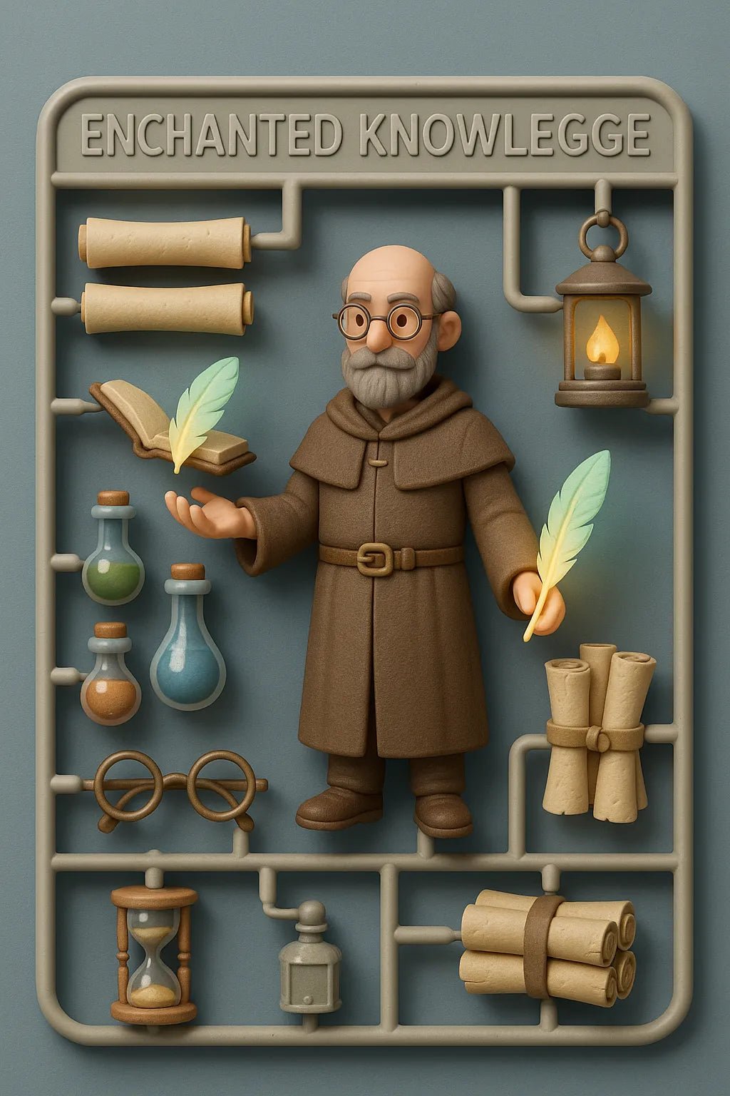 Example output from the Playful 3D Plastic Sprues ChatGPT prompt: boxed model kits of stylized character. Enchanted Knowlegde.