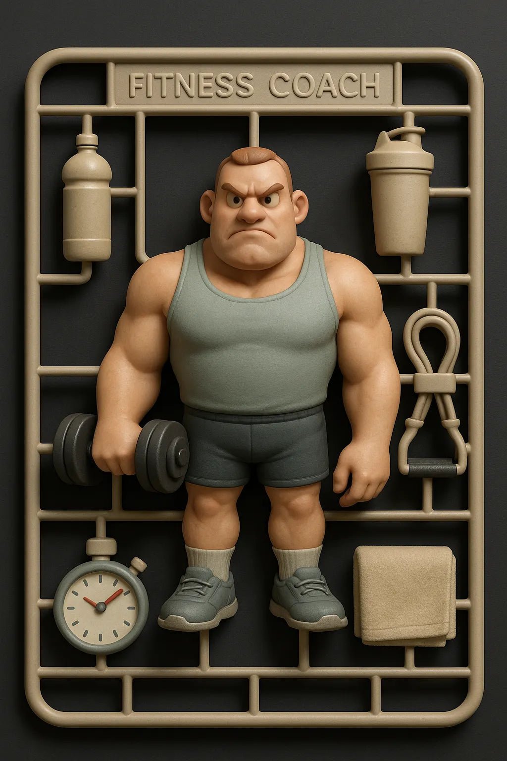 Example output from the Playful 3D Plastic Sprues ChatGPT prompt: boxed model kits of stylized character. Fitness Coach.