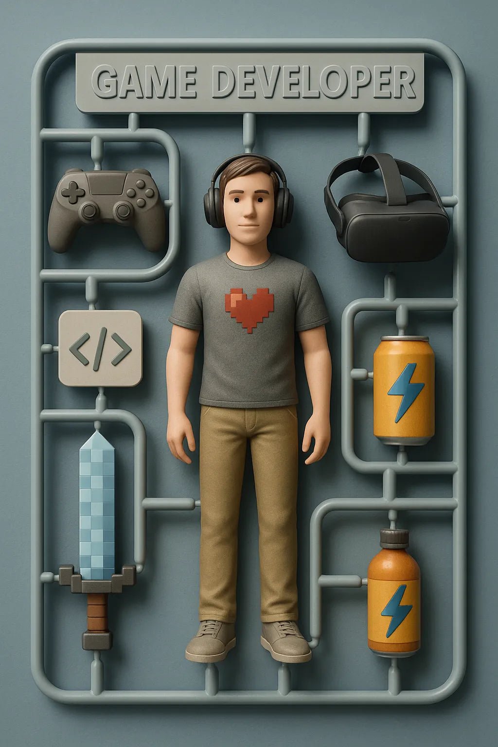 Example output from the Playful 3D Plastic Sprues ChatGPT prompt: boxed model kits of stylized character. Game Developer.