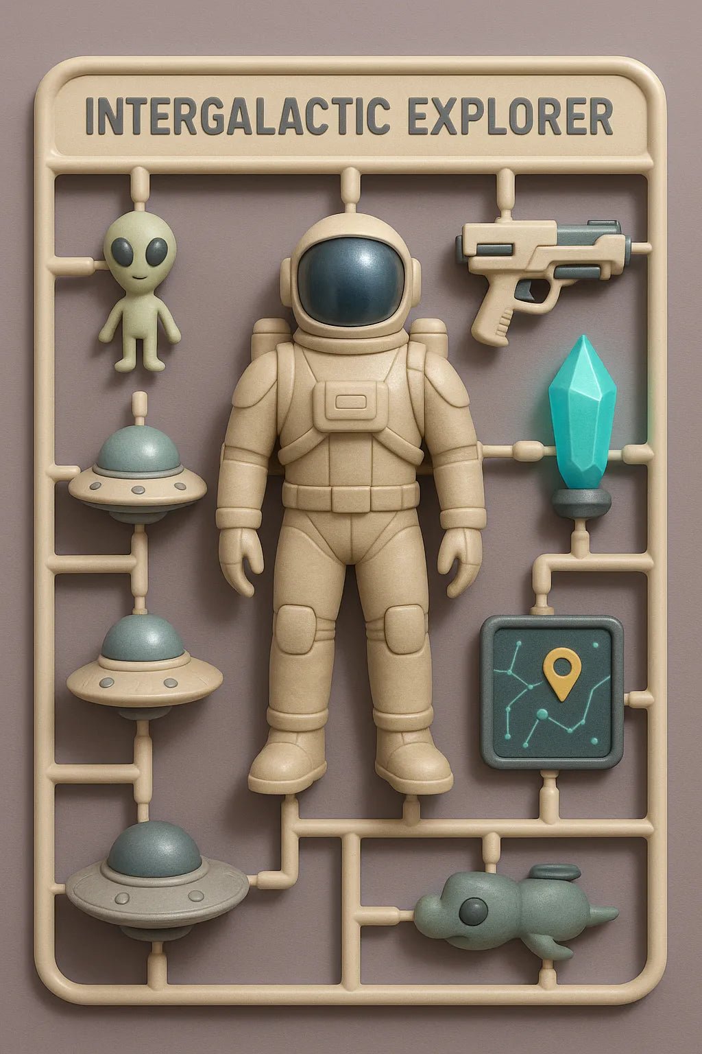 Example output from the Playful 3D Plastic Sprues ChatGPT prompt: boxed model kits of stylized character. Intergalactic Explorer.