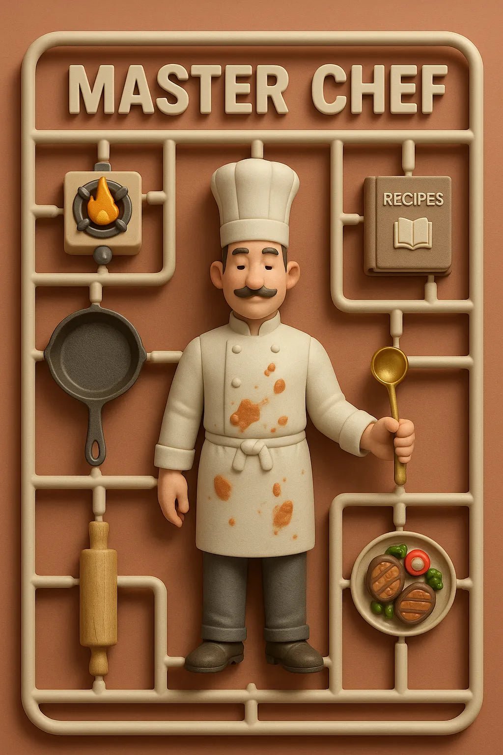 Example output from the Playful 3D Plastic Sprues ChatGPT prompt: boxed model kits of stylized character. Master Chef.