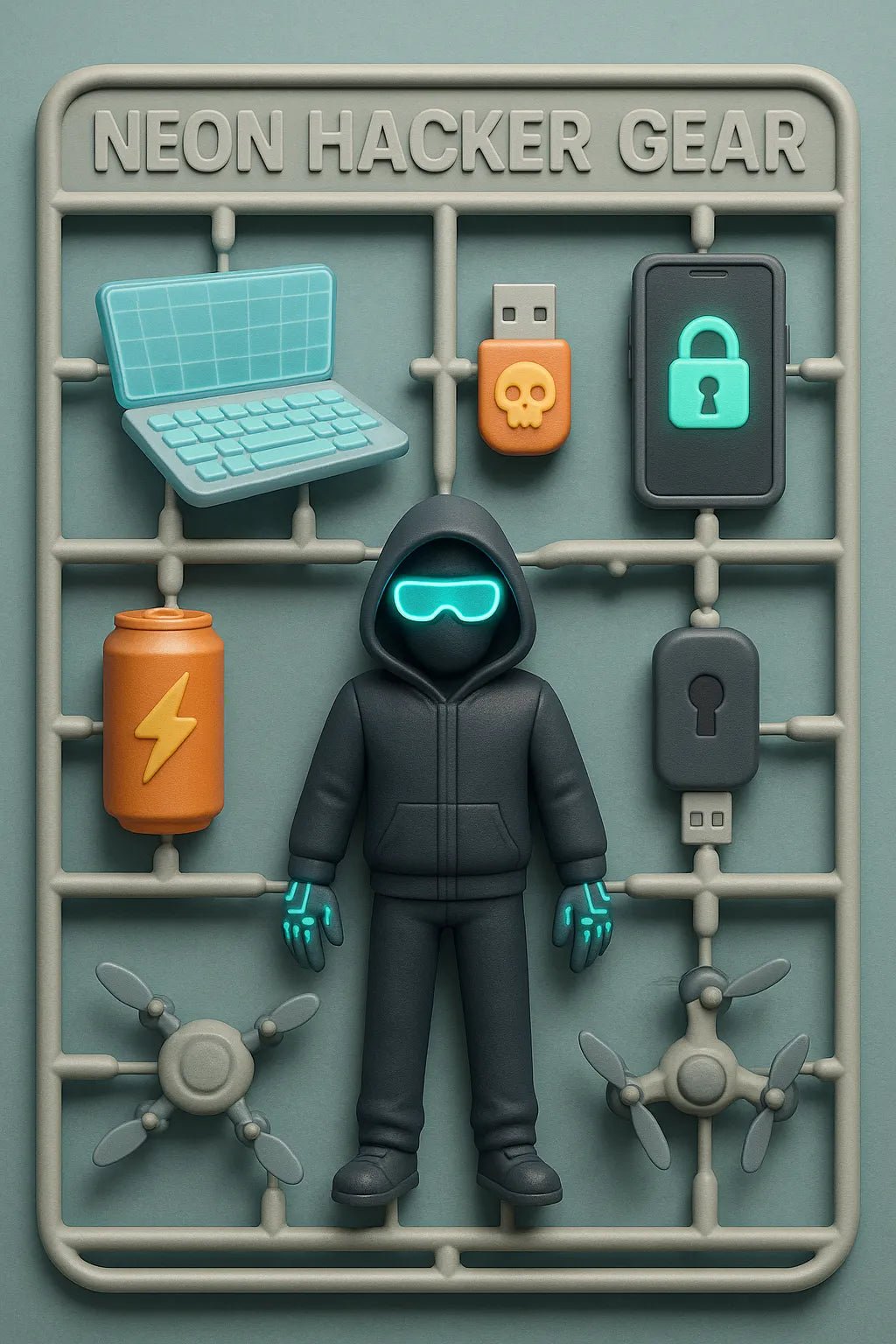 Example output from the Playful 3D Plastic Sprues ChatGPT prompt: boxed model kits of stylized character. Neon Hacker Gear.