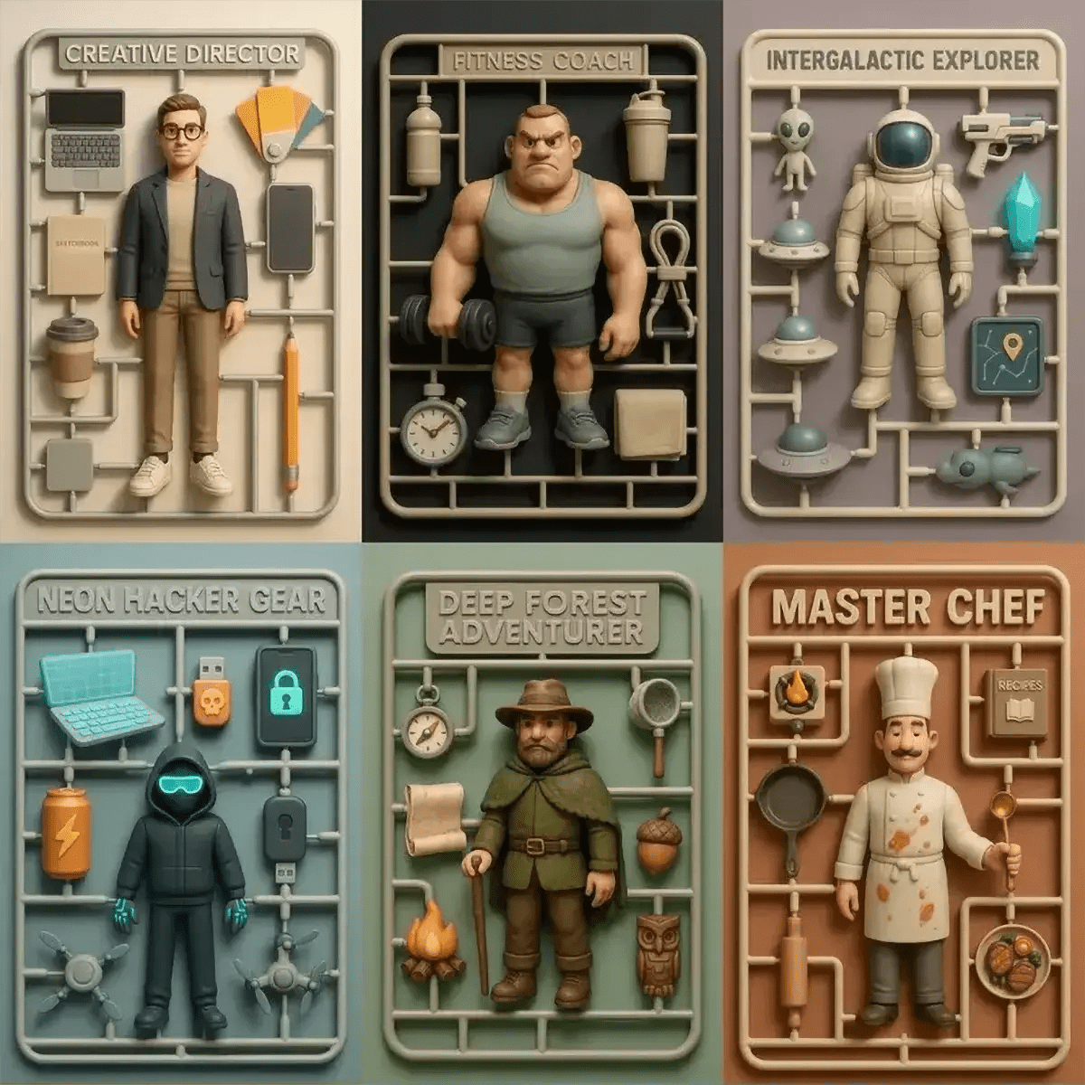 Example output from the Playful 3D Plastic Sprues ChatGPT prompt: boxed model kits of stylized characters with themed accessories, featuring Pixar-like 3D rendering, muted color palettes, and hyper-detailed plastic sprue frames.