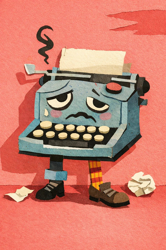 Example output from the Playful Naive Collage Characters ChatGPT prompt: a cut-paper collage character of a glum blue typewriter with legs and boots on a pink background.
