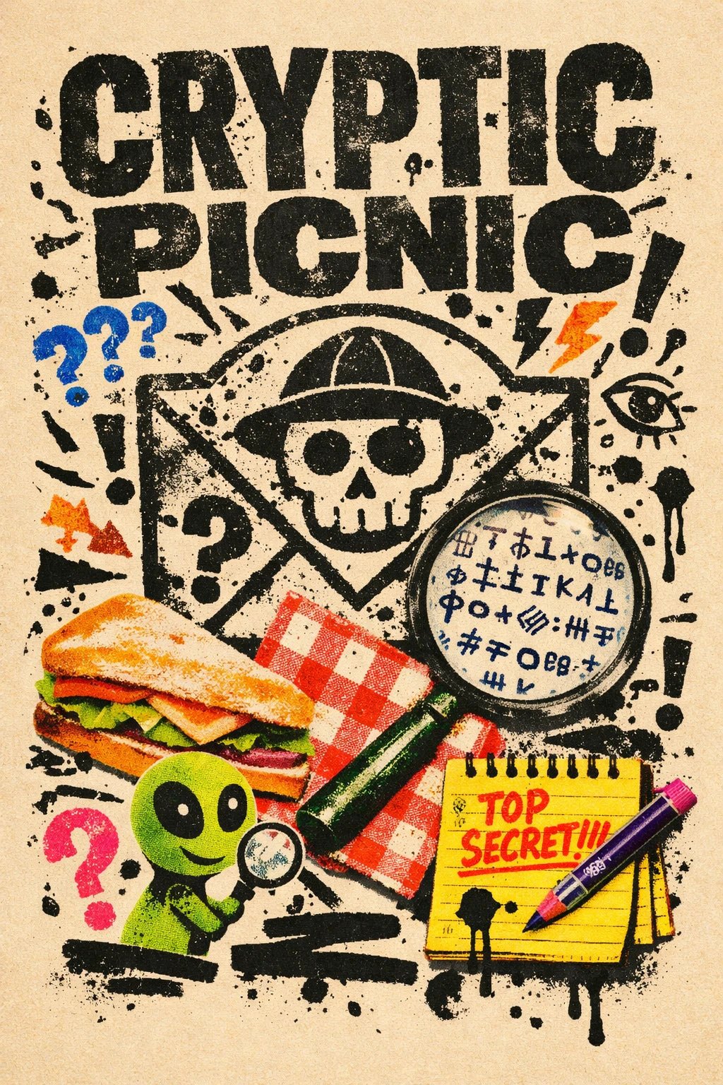 Risograph inspired poster with gritty stamp texture, rebellious collage elements, and bold expressive typography on a vintage paper background: Cryptic Picnic