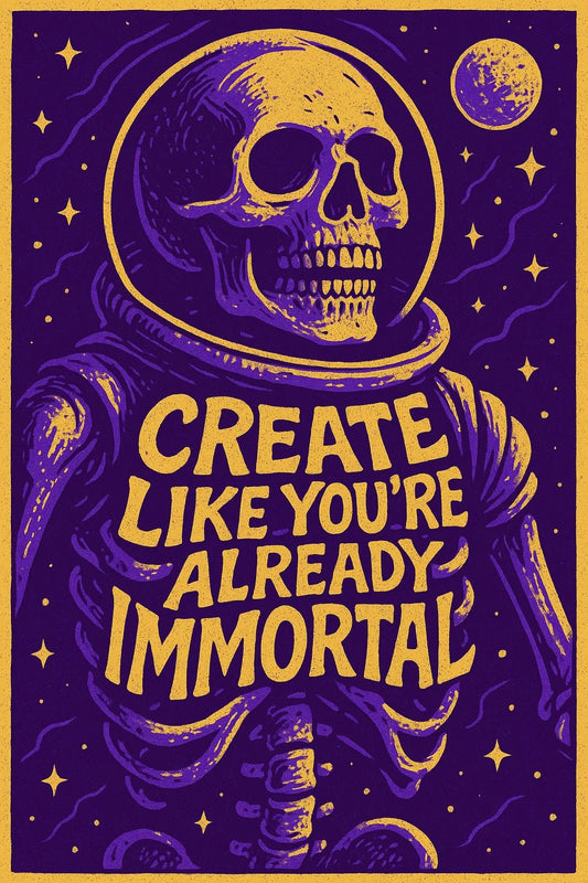 Example output from the Pop Graphic Poster Quote Art ChatGPT prompt: vibrant quote posters with textured graphic art, featuring retro palette duotones, bold typography, and expressive surreal motifs. Create Like You are Already Inmortal.