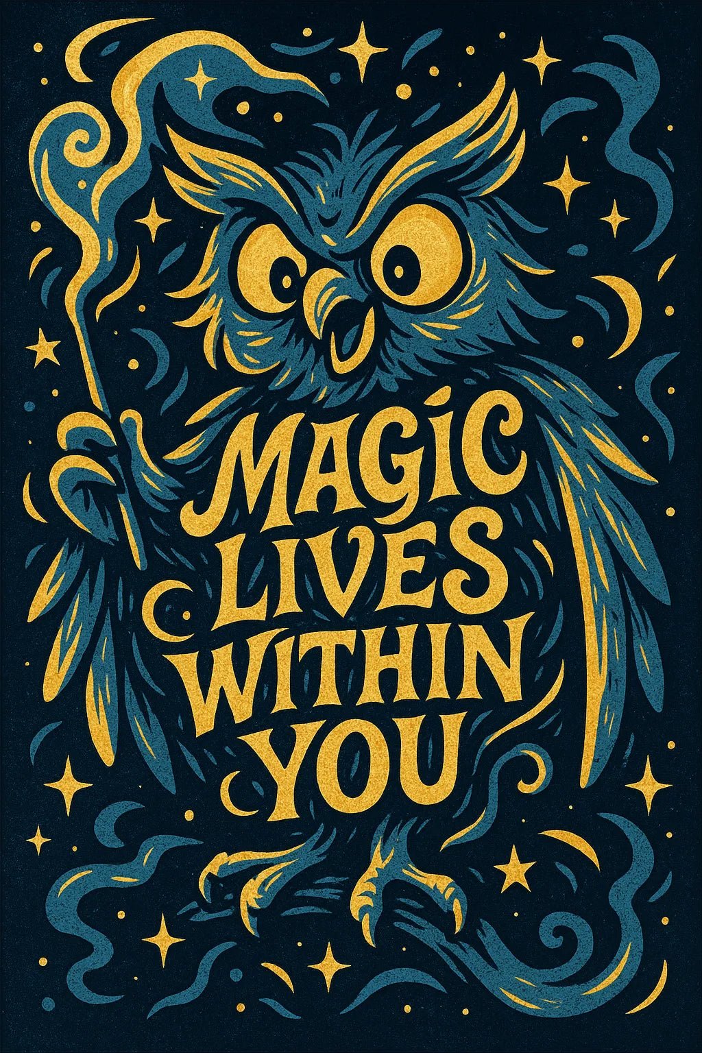 Example output from the Pop Graphic Poster Quote Art ChatGPT prompt: vibrant quote posters with textured graphic art, featuring retro palette duotones, bold typography, and expressive surreal motifs. Magic Lives Within You.