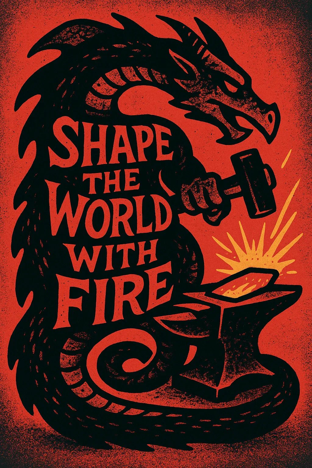Example output from the Pop Graphic Poster Quote Art ChatGPT prompt: vibrant quote posters with textured graphic art, featuring retro palette duotones, bold typography, and expressive surreal motifs. Shape The World With Fire.