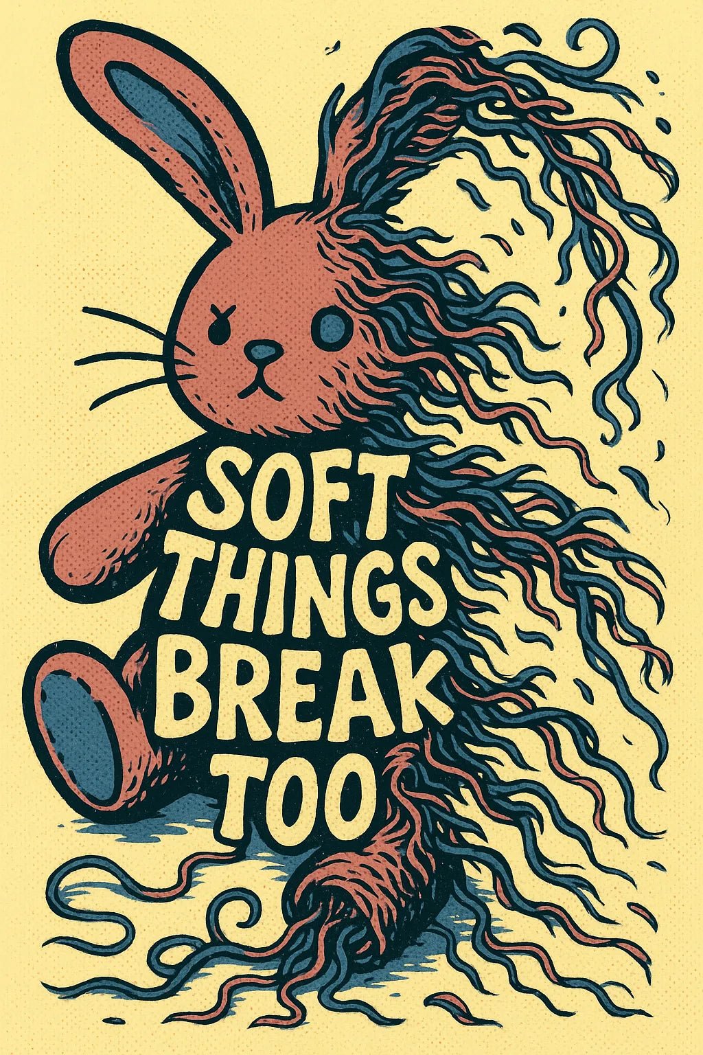 Example output from the Pop Graphic Poster Quote Art ChatGPT prompt: vibrant quote posters with textured graphic art, featuring retro palette duotones, bold typography, and expressive surreal motifs. Soft Things Break Too.